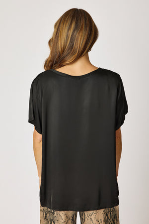 Crew Neck Satin Short Sleeve Blouse