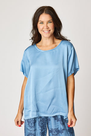 Crew Neck Satin Short Sleeve Blouse