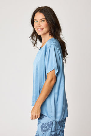 Crew Neck Satin Short Sleeve Blouse