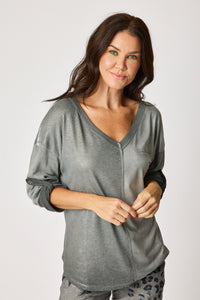 V-Neck Button Sleeve Suede Top