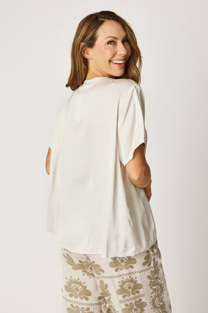 Crew Neck Satin Short Sleeve Blouse