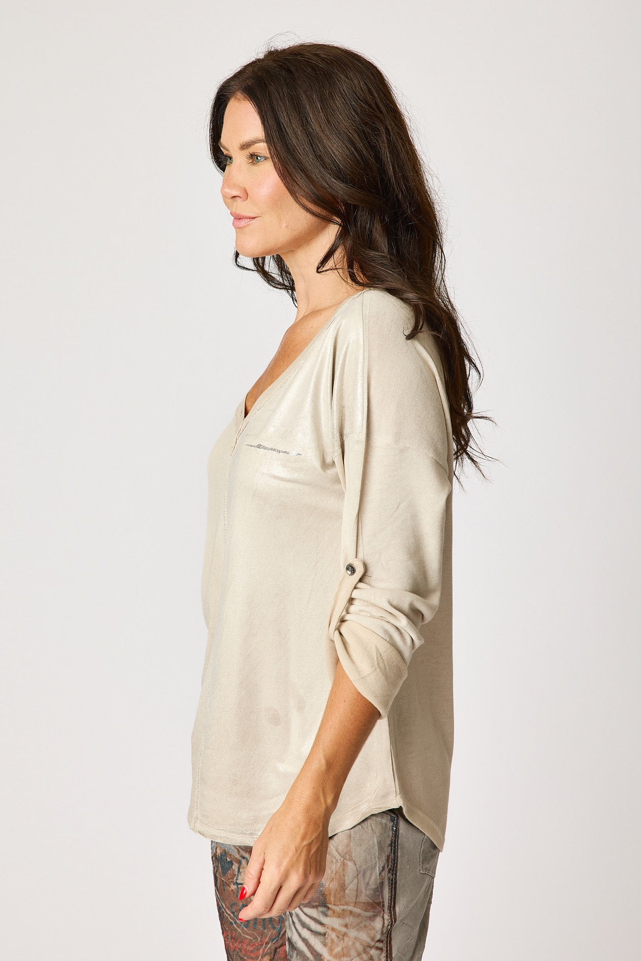 V-Neck Button Sleeve Suede Top