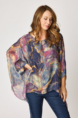 Italian Silk Purple Marbled Patterned Flowing Top