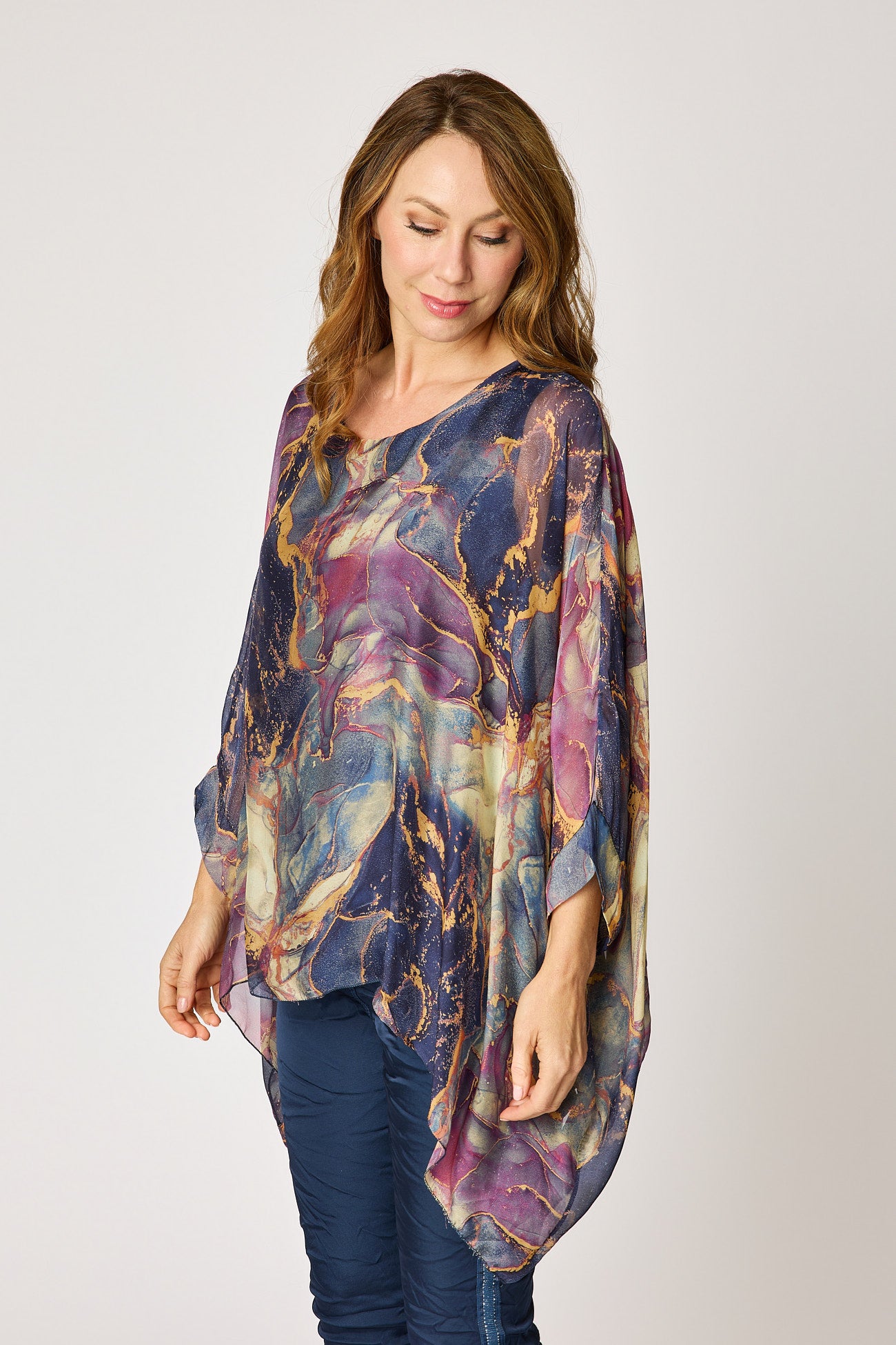 Italian Silk Purple Marbled Patterned Flowing Top