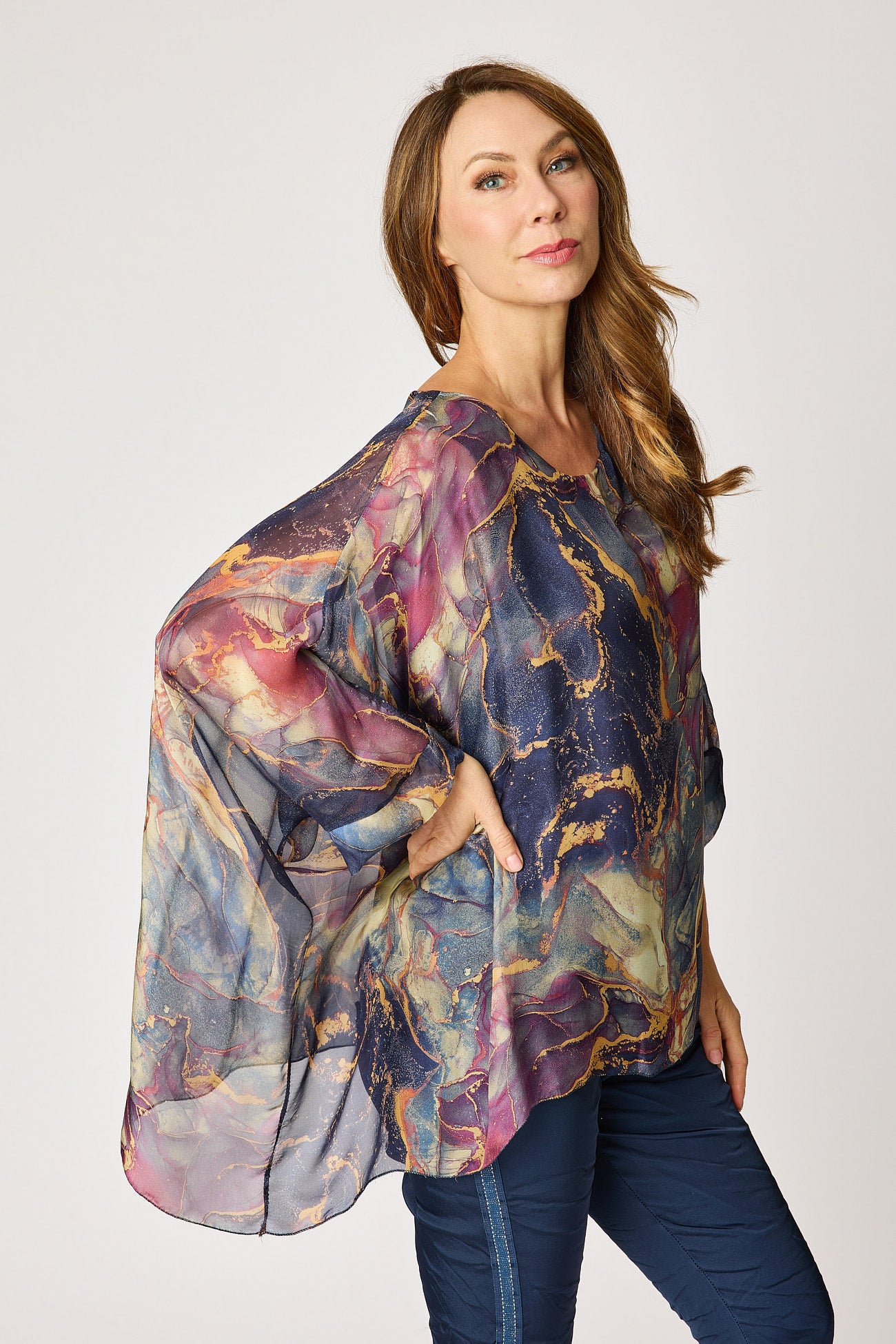 Italian Silk Purple Marbled Patterned Flowing Top