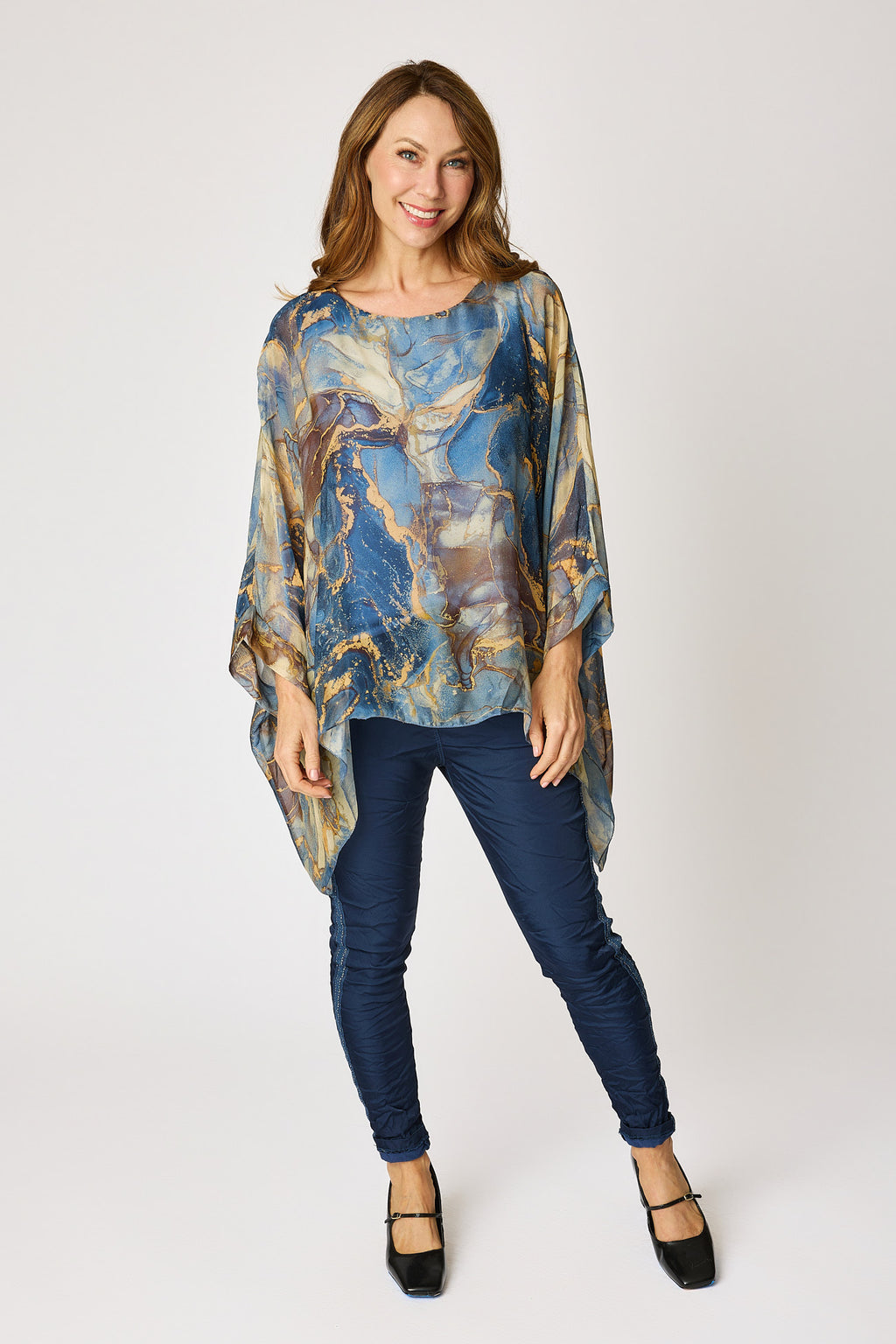 Italian Silk Blue Marbled Pattern Flowing Top