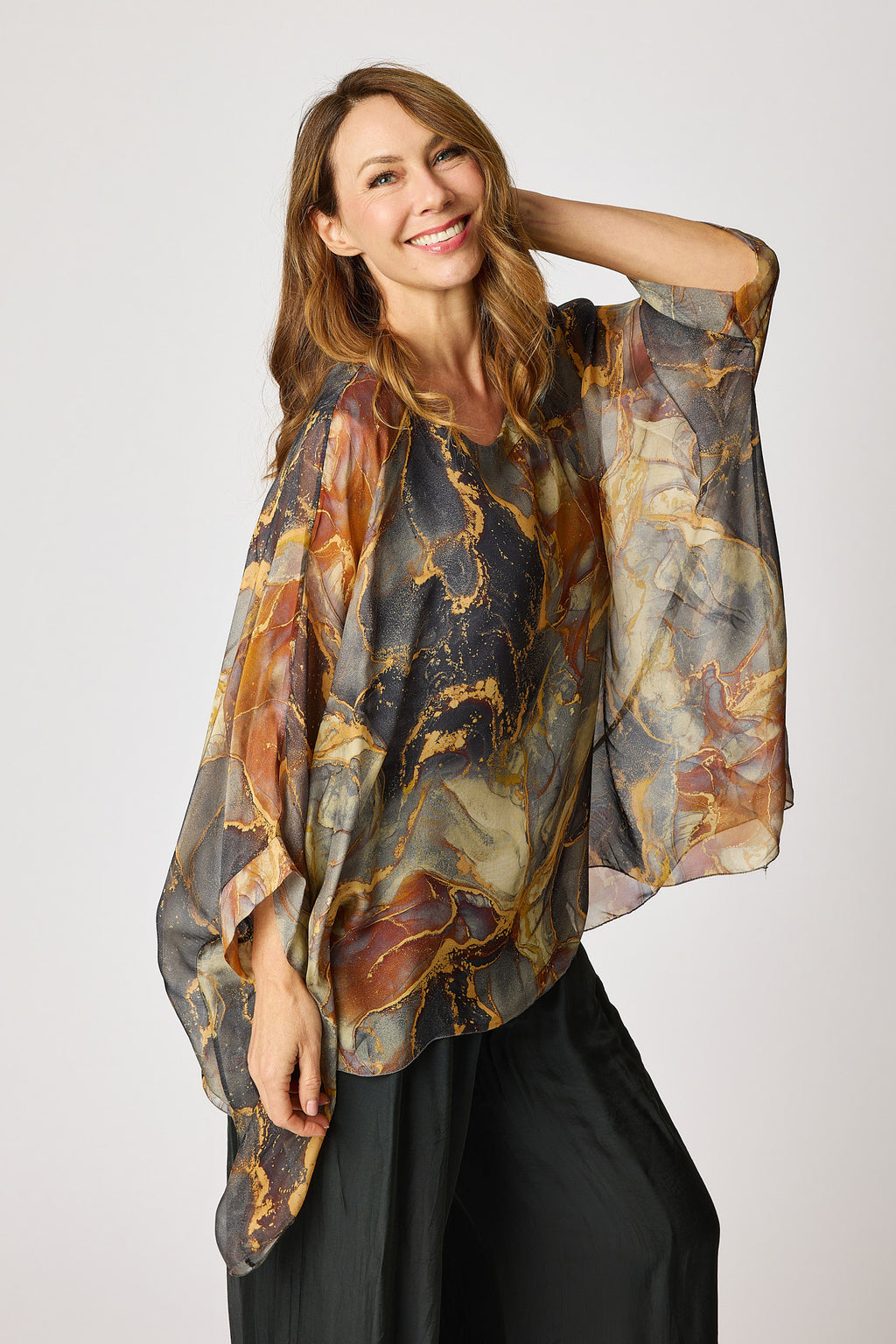 Italian Silk Charcoal Marbled Patterned Flowing Top