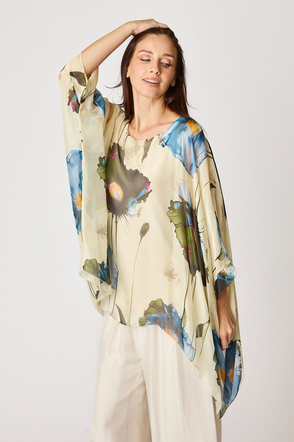 Italian Silk Blue Floral Pattern Flowing Top