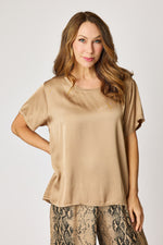 Crew Neck Satin Short Sleeve Blouse