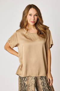 Crew Neck Satin Short Sleeve Blouse