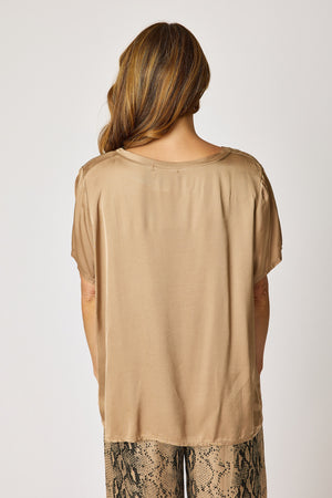 Crew Neck Satin Short Sleeve Blouse