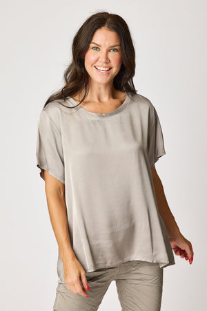 Crew Neck Satin Short Sleeve Blouse