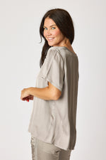 Crew Neck Satin Short Sleeve Blouse