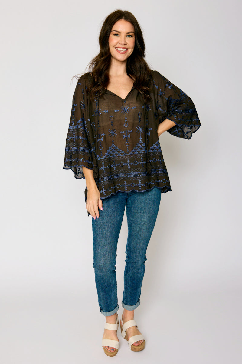 Brown and Navy Embroidered Blouse