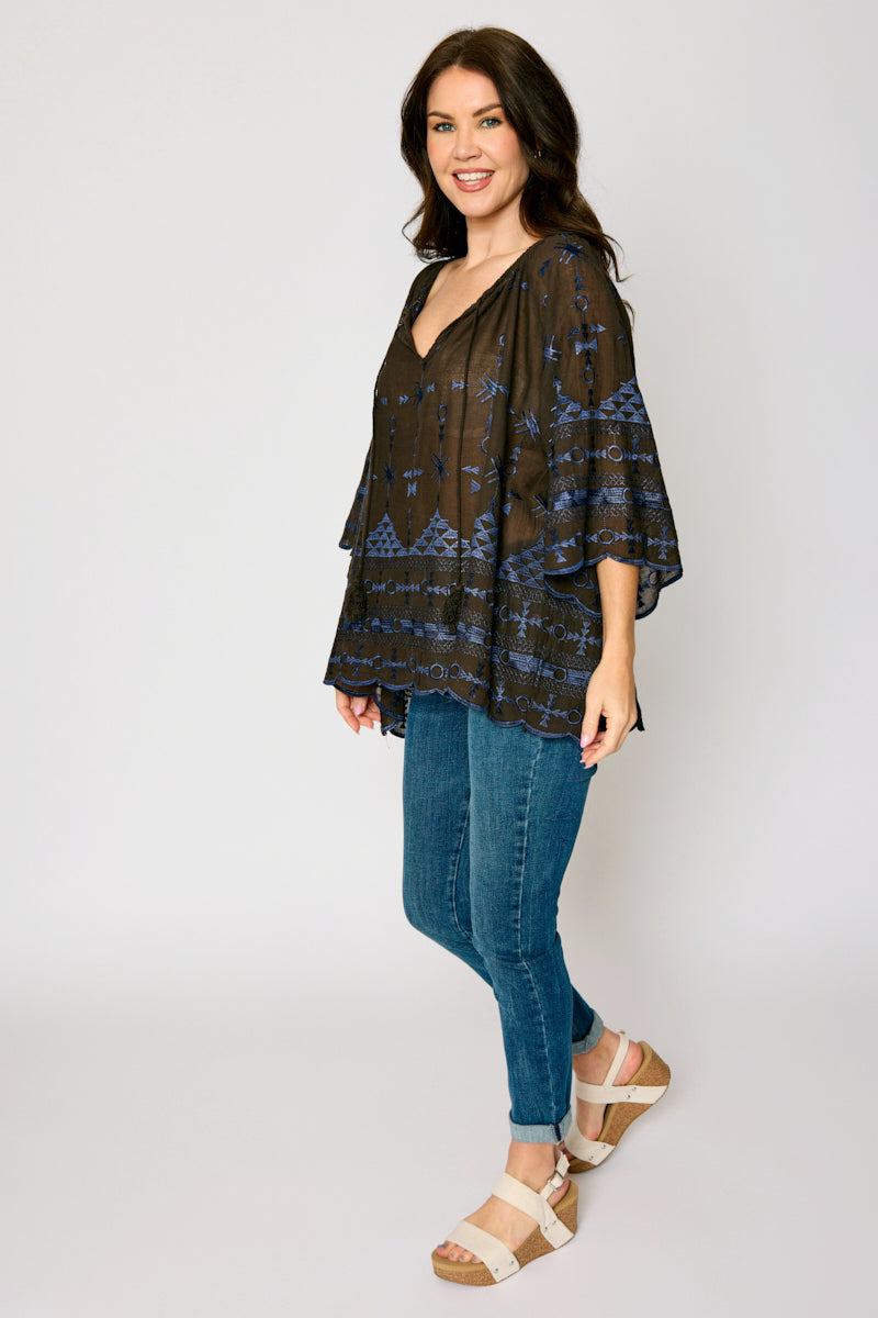 Brown and Navy Embroidered Blouse