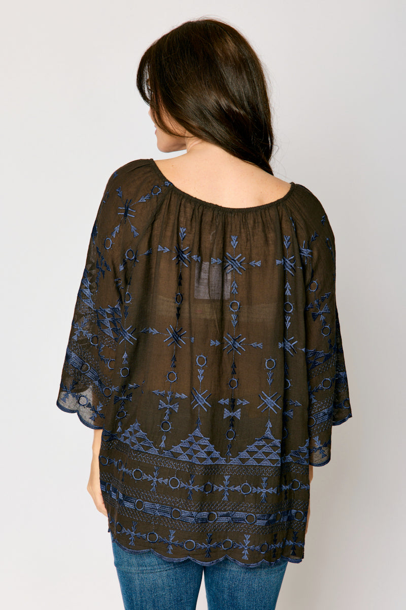 Brown and Navy Embroidered Blouse