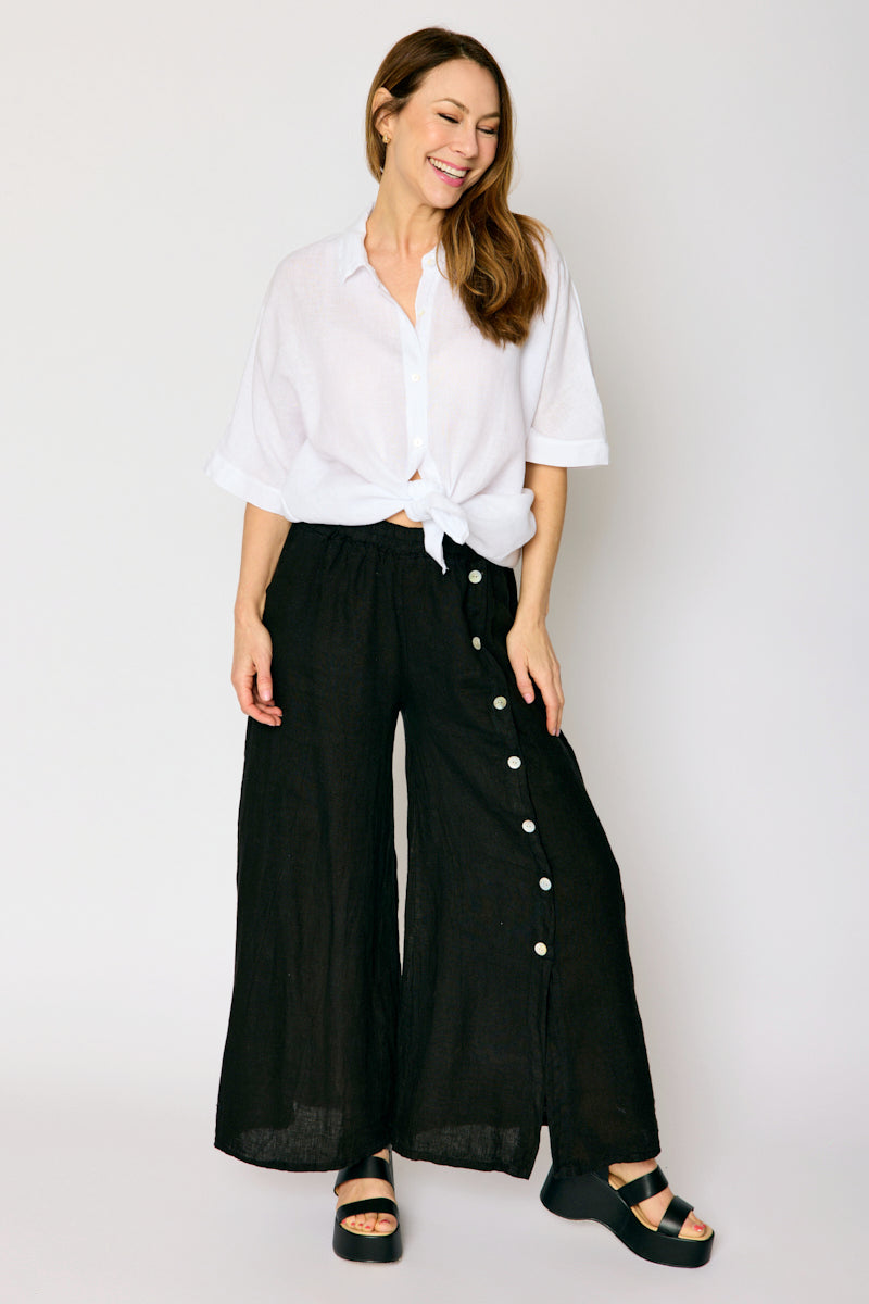 Linen Side Button Wide Leg Pant