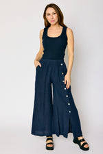 Linen Side Button Wide Leg Pant