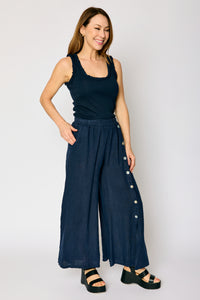 Linen Side Button Wide Leg Pant