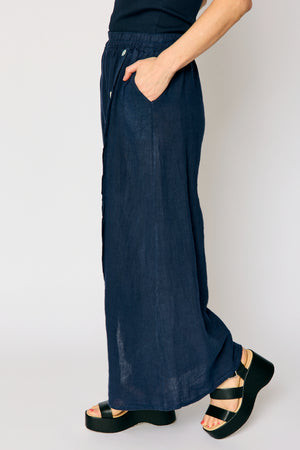 Linen Side Button Wide Leg Pant