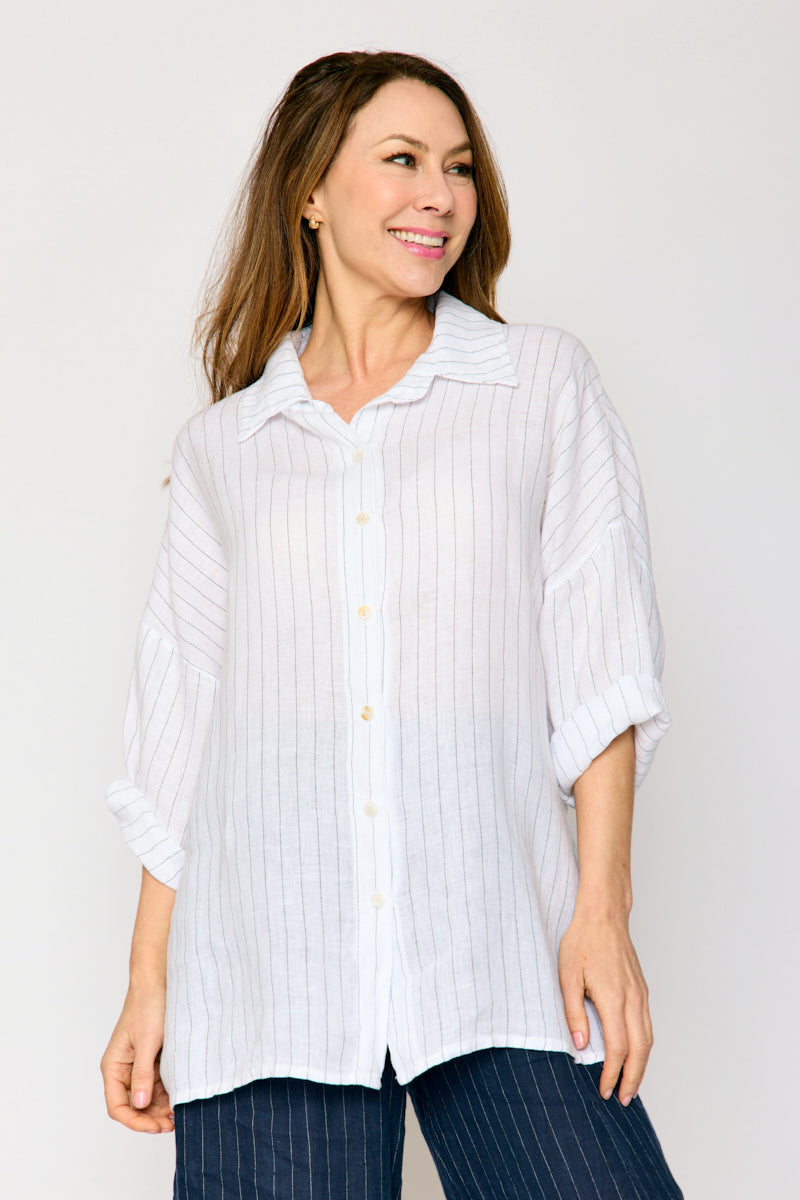 Linen Pinstripe Boyfriend Top