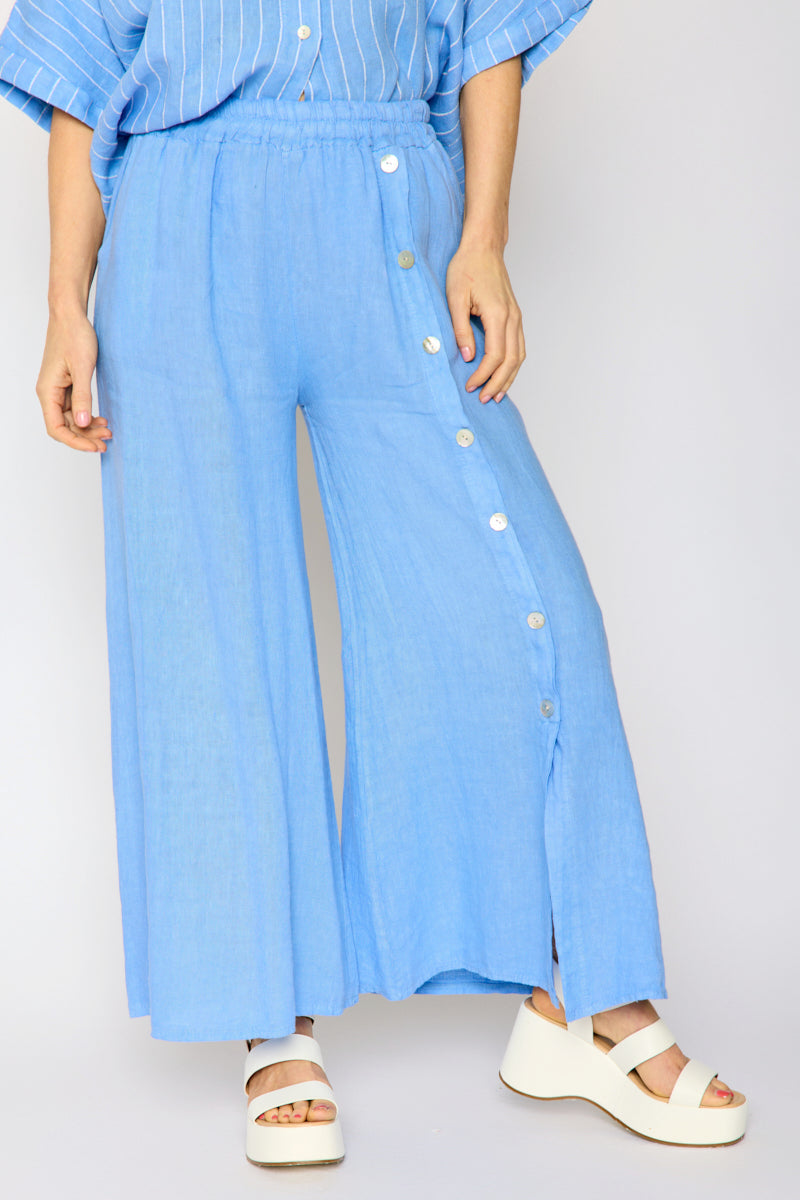 Linen Side Button Wide Leg Pant