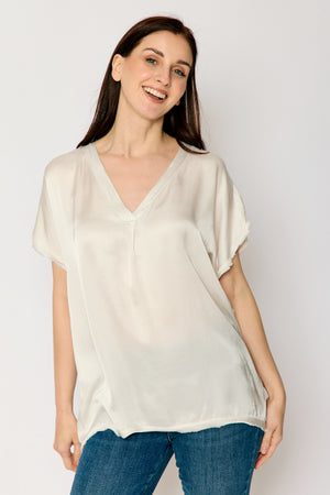 Satin V Neck Raw Edge Tee (5 Colors)