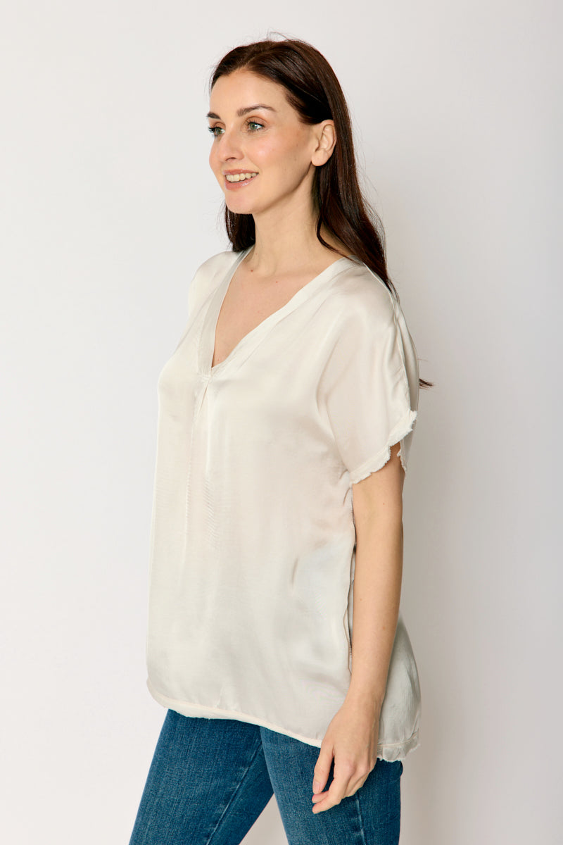 Satin V Neck Raw Edge Tee (5 Colors)