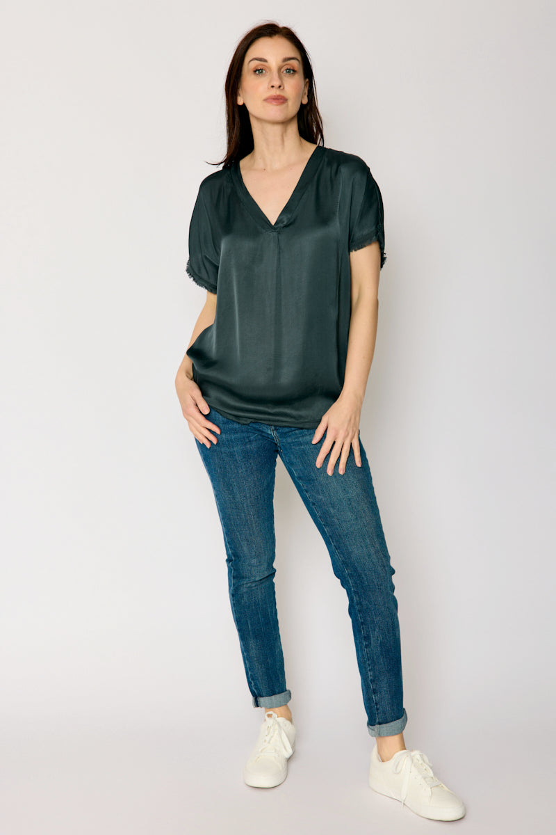 Satin V Neck Raw Edge Tee (5 Colors)