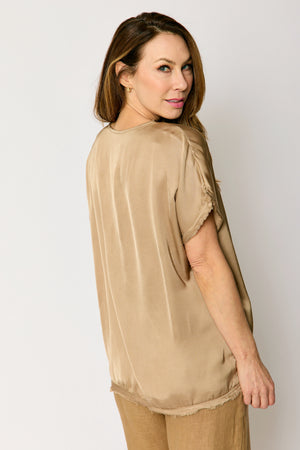 Satin V Neck Raw Edge Tee (5 Colors)